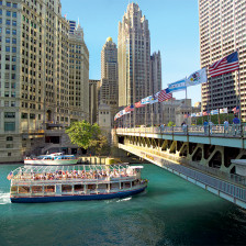 Cruising along the Chicago River on an architecture tour of Chicago, Illinois