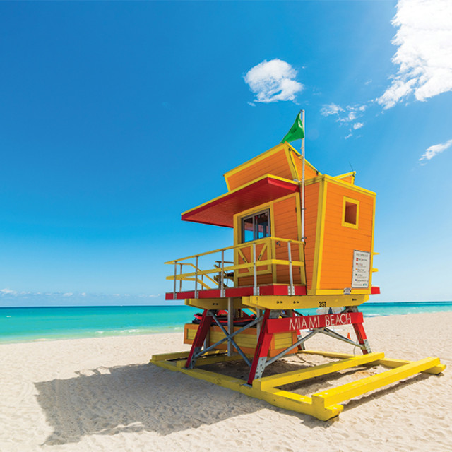 A colorful lifeguard stand in South Beach, Miami, Florida