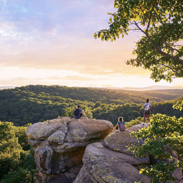 Resting atop rock formations in the Garden of the Gods, Shawnee National Forest, Illinois