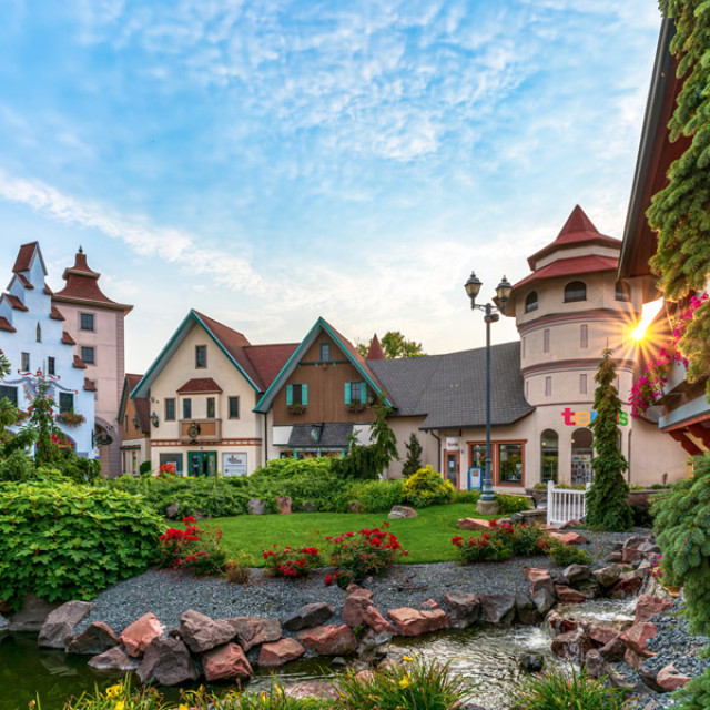 Exterior view of the Bavarian-themed River Place Shops in Frankenmuth, Michigan